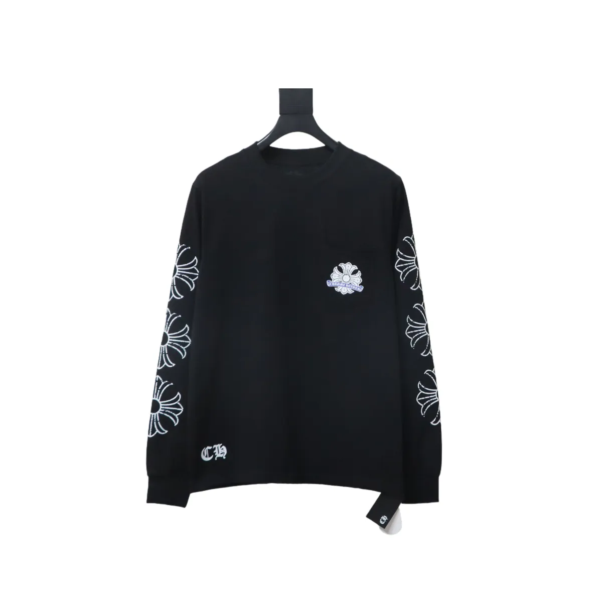 CHRM-HRTS-Back-Damaged-Horseshoe-Crewneck-Long-Sleeve-T-Shirt-Black-1.webp CHRM HRTS Back Damaged Horseshoe Crewneck Long Sleeve T Shirt Black - Image 1