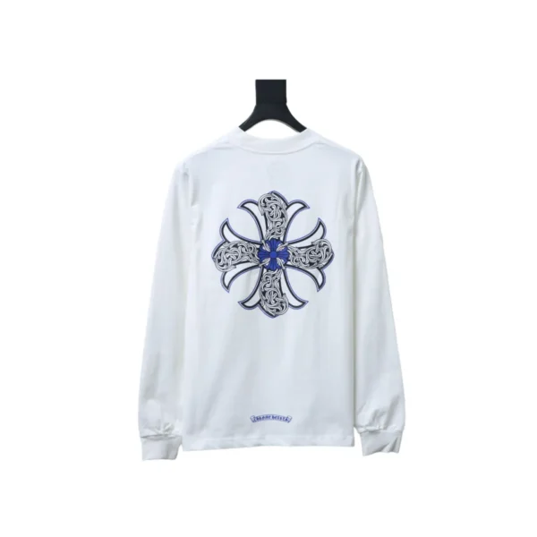 CHRM HRTS Blue Horseshoe Cross Long Sleeve T Shirt White
