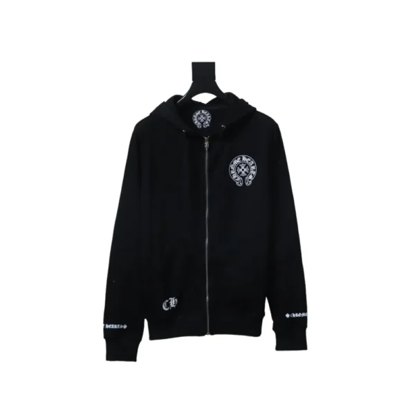 CHRM HRTS Cuff Sanskrit Print Zip-Up Hoodie Black