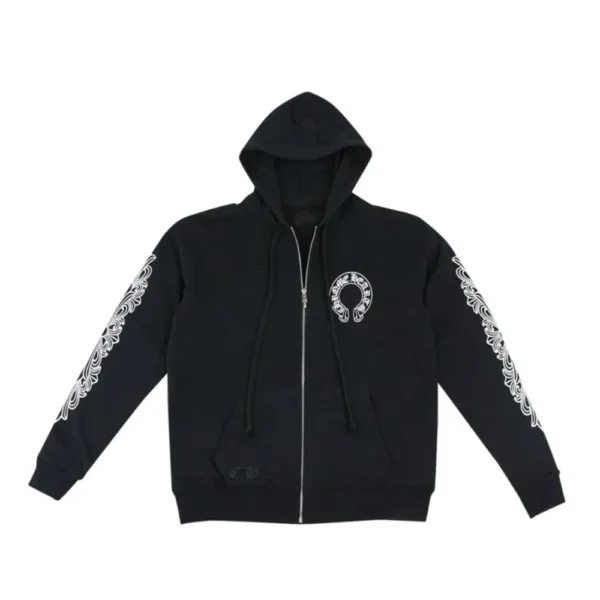 CHRM HRTS Horseshoe Floral Cross Sleeve Zip Up Hoodie Black