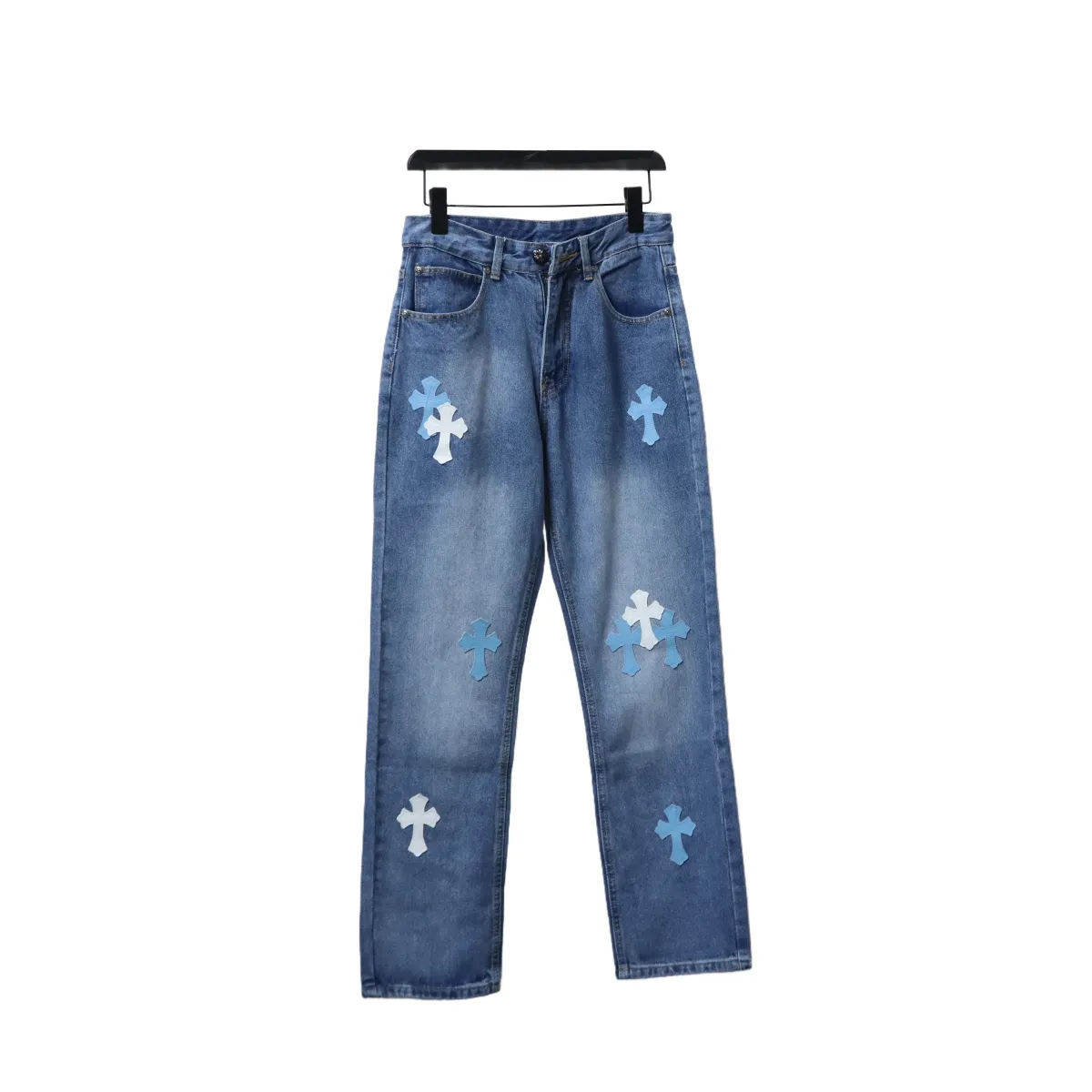 CHRM-HRTS-Miami-Art-Basel-White-Blue-Cross-Patch-Jeans-1.webp CHRM HRTS Miami Art Basel White Blue Cross Patch Jeans - Image 1