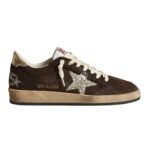 GG Sneaker Ball Star in suede marrone con stella in glitter platino e linguetta in nylon bianco