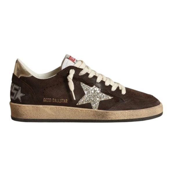 GG Sneaker Ball Star in suede marrone con stella in glitter platino e linguetta in nylon bianco