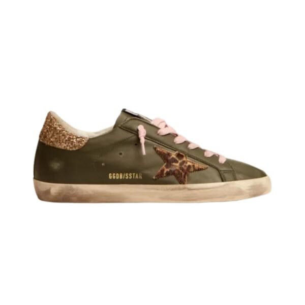 GGS sneakers in dark green leather with gold glitter heel tab