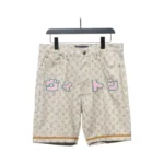 LV Monogram Printed Distressed Denim Shorts Khaki