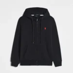 RL Polo Pony Zip-up Black Hoodie and Red Logo and Black Drawstring