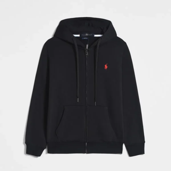 RL Polo Pony Zip-up Black Hoodie and Red Logo and Black Drawstring