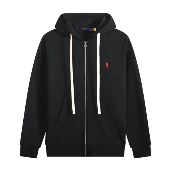 RL Polo Pony Zip-up Black Hoodie and Red Logo and White Drawstring
