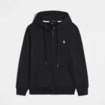 RL Polo Pony Zip-up Black Hoodie and White Logo and Black Drawstring