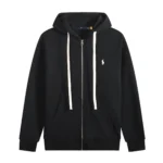 RL Polo Pony Zip-up Black Hoodie and White Logo and White Drawstring