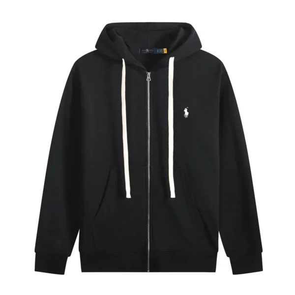RL Polo Pony Zip-up Black Hoodie and White Logo and White Drawstring