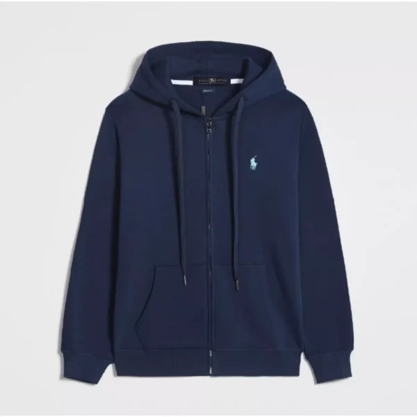 RL Polo Pony Zip-up Navy Hoodie and Green Logo and Navy Drawstring